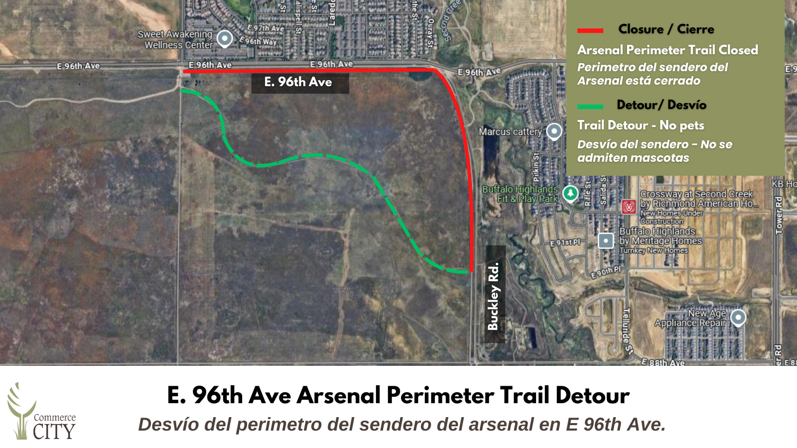 Map showing a detour for the E. 96th Ave Arsenal Perimeter Trail in Commerce City. The trail is closed along E. 96th Ave (marked in red) with a green detour path. Pets are not allowed on the detour route.