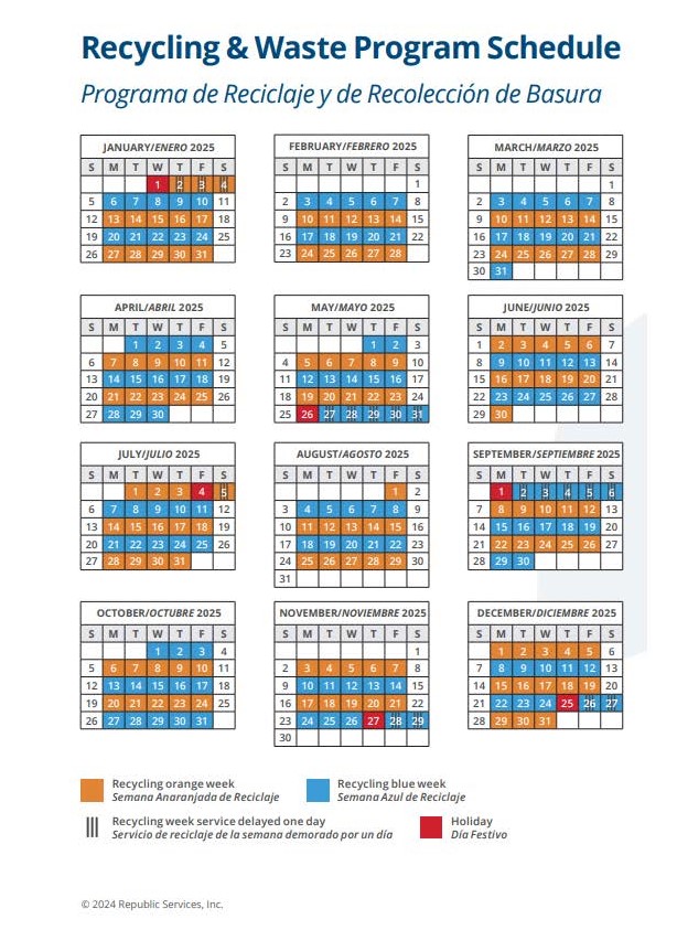 Year Calendar of the Recycling and Waste Program Schedule 