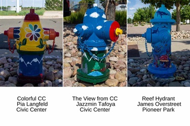 Three colorful fire hydrants painted