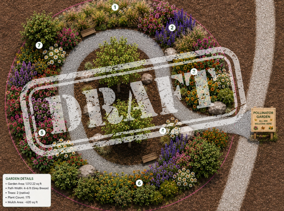 Image of circular flower bed with draft stamp over it. 
