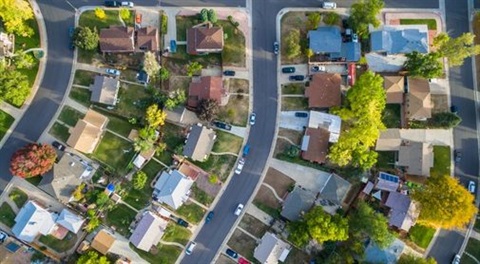 Drone shot of a neighborhood. 