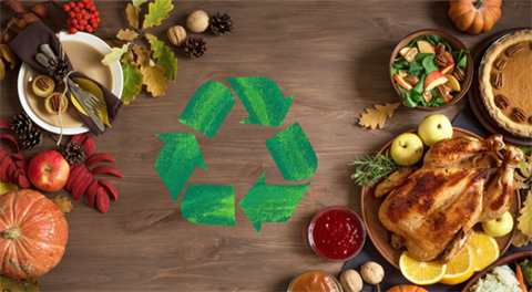 Thanksgiving food on a table with a recycling symbol. 