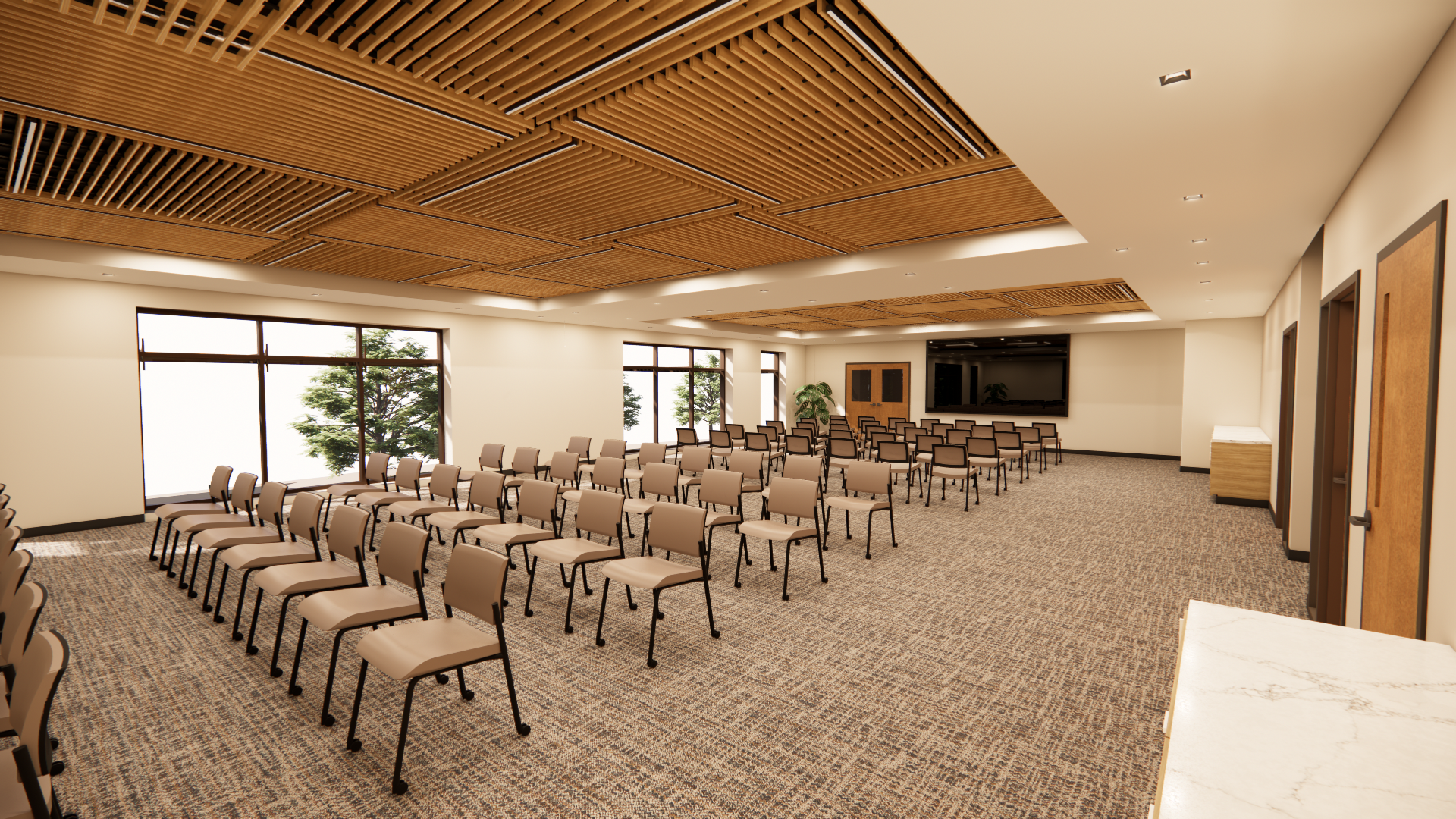 Rendering of an inside of a meeting room with chairs lined up. 