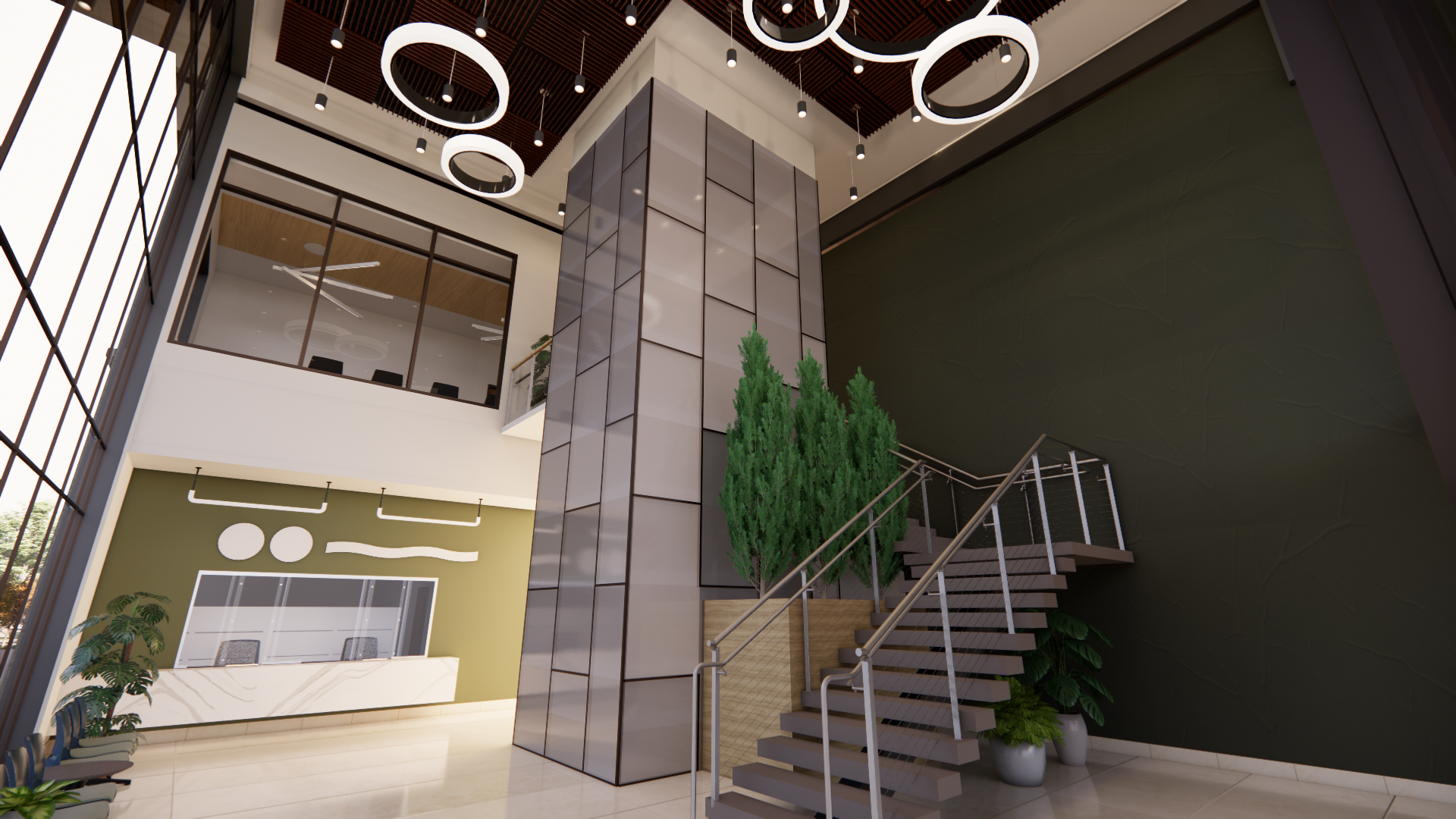 Rendering of a building interior with stairs, high ceilings, and lights on ceiling. 