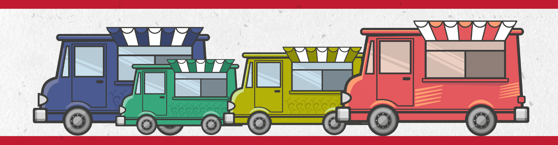 Decorative image of four food trucks with various colors