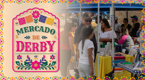 Mercady de Derby logo in front of a picture of a market with people shopping. 
