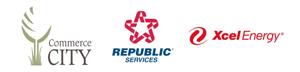 Commerce City logo, republic servicse logo, xcel energy logo. 