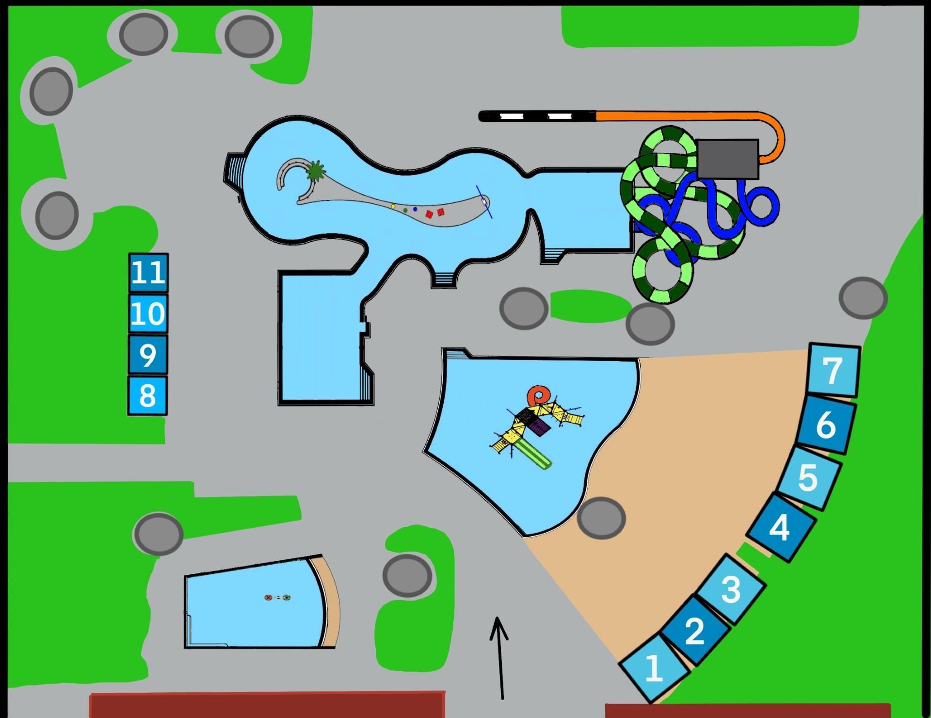 Image of Paradice Island with cabana numbers. 1-7 on East side, 8-11 on West side.